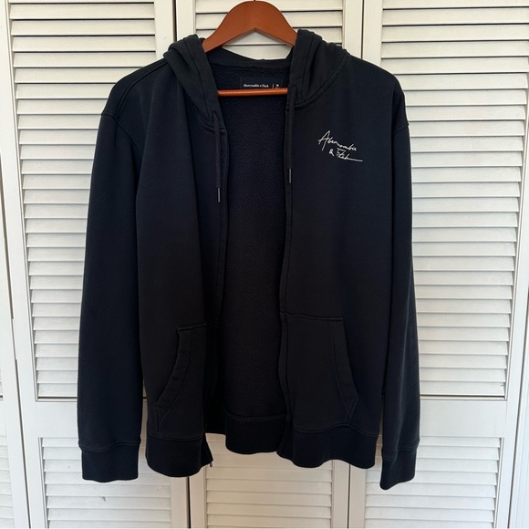 Abercrombie & Fitch Hoodie Zip Up Fleece Lined Sweatshirt Navy Blue M Y2K VTG - Picture 4 of 9